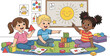 © Rawzatun - Three happy children playing with colorful shapes and number blocks in a bright classroom setting, learning together.