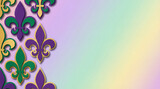 Fleur de lis border on gradient. Purple green gold fleur de lis icons frame pastel background for mardi gras carnival, fat tuesday invites, party flyer, fleur de lis decor with copy space