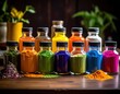 © AgungRikhi - Assortment Of Vibrant Pigment Powders In Clear Glass Bottles With Black Lids Arranged On A Dark Wooden Surface With Soft Natural Lighting And Greenery In The Background