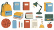 © Utpol - School Stationery Set – Hand-Drawn Illustrations of Calendar, Backpack, Glue, Books, Ruler, Pencil, Pen, Lamp, Pencil Case, Eraser, Ball & Paper Clip.