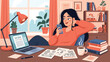© meeblues - Flat vector illustration of a woman procrastinating at her desk while using a smartphone, unfinished work around her, modern lifestyle problem and productivity concept
