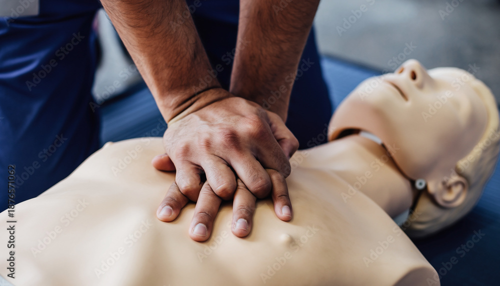 Close-up of hands performing chest compressions on a CPR training ...