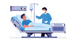 © Shoubj - Male patient lying in hospital bed receiving IV fluids while being attended by a medical worker in scrubs.
