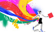 © master1305 - Woman running with shopping bag and colorful abstract dynamic trail on transparent background. Concept of fast paced retail lifestyle, consumer energy, urban motion, and modern marketing visuals.
