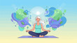 © UP ZONE - A serene woman meditating on a mat surrounded by earthy elements and vibrant colors