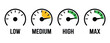 © Vector Gallery - Analog speed level indicators set, featuring low, medium, high, and max dashboard gauge icons with colorful infographic dials, perfect for energy monitoring, power metrics, performance dashboards