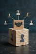 © Leonardo - Cubo de madera con símbolo de apretón de manos, conectado a varios íconos de personas, que representan conceptos de redes comerciales y acuerdos