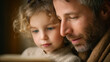 © Irina - Father and daughter reading together, enjoying story time with warm expressions and cozy atmosphere.