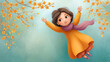 © Irina - Happy child playing with autumn leaves in vibrant orange dress and purple scarf, surrounded by falling leaves and soft blue background. Joyful child expression captures playful autumn spirit.