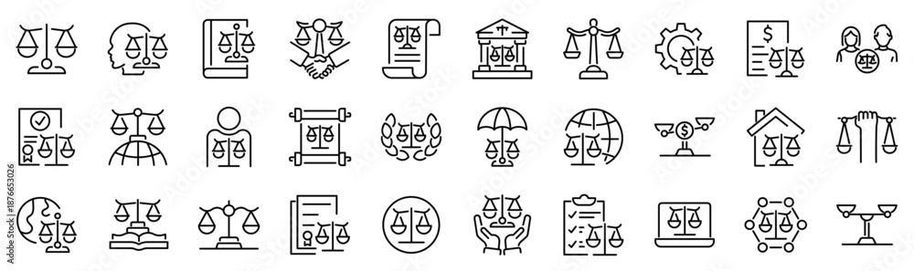 Set of 30 outline icons related to justice scale. Linear icon ...