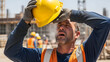 © Roy Arifin - Exhausted construction worker wiping sweat from his brow with a hard hat on a hot, sunny day at a building site.
