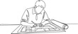© firoz - One single line drawing of young architect studying draft construction plan blueprint design. Building architecture business concept. one line Icon drawing