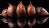 a cluster of five entire exotic brown salak fruits displayed on a reflective black surface