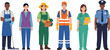 © MDSAKIB - Set of diverse essential workers including janitor office staff farmer construction worker nurse and police officer vector illustrations.