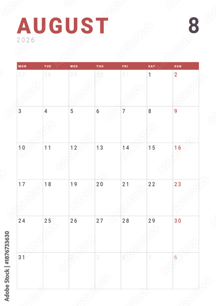 Monthly page Calendar Planner Template design of August 2026. Vector ...
