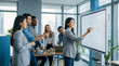 © illustratica - Diverse team collaborates on a flowchart diagram drawn on a digital whiteboard in a modern office