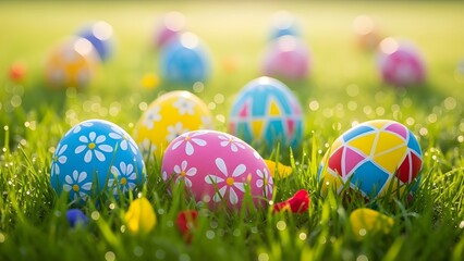  Colorful Easter eggs nestled in green grass on a sunny spring day  
