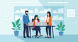 © KP Studio - Business teamwork illustration with colleagues collaborating at desk using laptops in modern office vector design