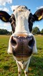© IgorImageDoc - close cow face cow standing field green grass trees background its eyes looking directly camera curious expression its nose slightly upturned its mouth slightly open take bite out something its ears