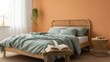© PNG World - Serene and inviting light teal linen bedding gracefully draped over a natural wood frame bed with a woven rattan headboard, positioned in a warmly lit bedroom with a terracotta wall and hanging plant,