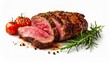 © mienakae - Juicy medium rare sliced roast beef with fresh rosemary, roasted cherry tomatoes, and peppercorns. A delicious gourmet grilled meat dinner dish, perfectly cooked and isolated on a white background.