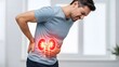 © designhunt - Kidney pain and renal failure symptoms. Nephrology health and internal organ inflammation. Man in a t-shirt holding his side with a glowing anatomical kidney illustration in pain