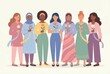 © K2 - Diverse group of women holding flowers wearing colorful outfits standing together in a cheerful and supportive manner