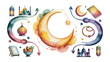 © Tahura - Ramadan Celebration:  A watercolor illustration showcases traditional elements associated with the holy month. Featuring the crescent moon, mosque, lantern, and prayer beads.
