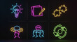 © sdt - Neon icons for business and communication concepts on dark background with lightbulb puzzle teamwork and creative ideas