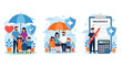 © Deris Firmansyah - Health and life insurance concept, Family standing under insurance umbrella, Man fills out health insurance form, set flat vector modern illustration