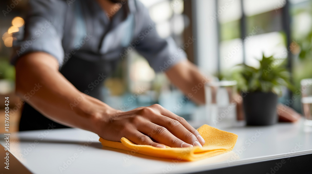 Faceless janitor cleaning white desk in office professional maintenance workplace sanitation commercial janitorial surface cleaning business hygiene defocused background