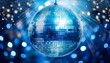 © Bidelia - vibrant blue disco ball reflecting light against a deep blue sparkling background with circular bokeh effects creating a lively atmosphere
