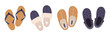 © Torontotokio - Domestic slippers. Fluffy slippers, flip flops and male and female textile house shoes, home soft and comfy footwear flat vector illustration set. Indoor footwear collection on white