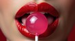 © Kristina - Extreme closeup plump red lips with tongue wrapping round pink lollipop