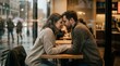 © mischenko - Couple Sharing Intimate Moment in Cafe Leaning Foreheads Together Trust Concept