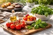 © Leo Rohmann - Freshly Harvested Tomatoes and Basil with Olive Oil on Rustic Wooden Cutting Board for Culinary Creations Celebrating Nature's Bounty and Flavorful Cooking Delights