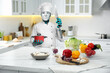 © New Africa - Robot in chef's uniform with knife and pot at table in kitchen. Futuristic technologies in everyday life