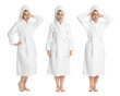 © New Africa - Beautiful woman in bathrobe and towel on her head, white background. Set of portraits
