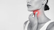 © Prostock-studio - Closeup of sick woman having sore throat, touching her neck with red inflamed zone, suffering from laryngeal disorder, tonsillitis, throat cancer, cold, free copy space over gray studio background