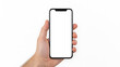 © MuniraStyles - First person view of hand holding modern smartphone with empty screen on white