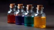 © Thares2020 - Four small glass bottles with colorful liquids and cork stoppers arranged on a dark surface