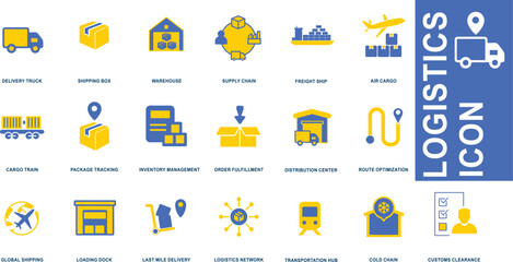  Comprehensive Logistics Icon Set with Blue and Yellow Flat Line Symbols for Global Supply Chain Management, Shipping, Delivery Trucks, Warehouse, and Freight Transport.