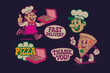 © Muhammad - Chefs pizza delivery man characters in retro doodle 90s style. Vector sticker hand drawn Vintage poster, fast food online ordering. illustration of a pizzeria with a man in an apron
