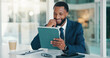 © peopleimages.com - Investor, tablet and black man in office, thinking and online reading for profit growth. African person, employee and financial advisor with solution, tech and email notification for stock market