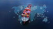 © APchanel - Aerial view container cargo ship sails across ocean waters with digital icons and AI network graphics above vessel smart shipping global logistics supply chain maritime technology and transportation