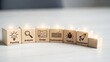 © Sean  - Wooden blocks labeled planning, analysis, design, implementation, testing and deployment in a neat arc on a desk, representing complete software development lifecycle, project workflow and engineering