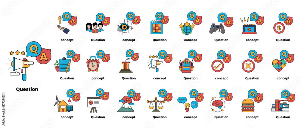 set of illustrations depicting question marks and various objects in a ...