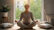 © Kauan Vinicius - Calm young woman practicing meditation in lotus position inside minimalist living room with natural light and indoor plants
