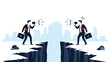 © Bertram - Two businessmen standing on opposite sides of a deep chasm using megaphones to communicate over a city skyline background.