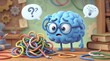© Pathum Dilshan - Cute cartoon brain character scratching head looking puzzled at tangled wires, confusion and problem solving concept 3D illustration